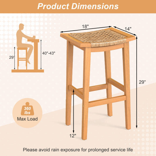 Outdoor Acacia Wood Bar Stools Set of 2 with PE Rattan Seats and Backrests W2B