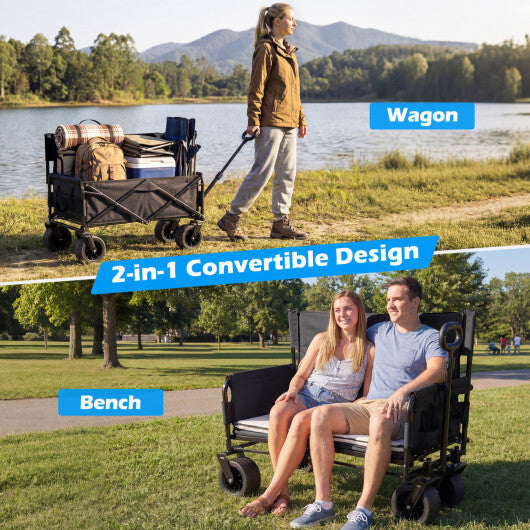 2-in-1 Wagon Bench Seat Combo Collapsible Beach Cart-Black W2B