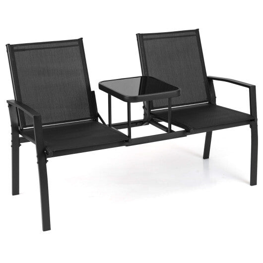Patio Loveseat with Built-in Table with Breathable Fabric Back-Black W2B