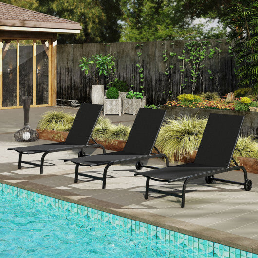 Outdoor Chaise Lounge Chair with Wheels and Metal Frame-Black W2B