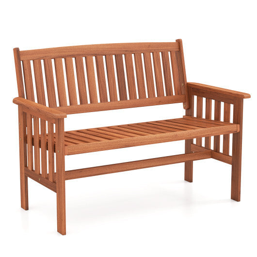 Outdoor Wood Garden Bench 2-Person Patio Park Bench with Backrest Armrests and Slatted Seat
