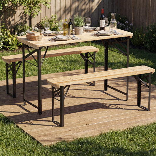 3-Piece Folding Picnic Table with Benches Fir Wood Portable Bear Camping SET-Natural W2B