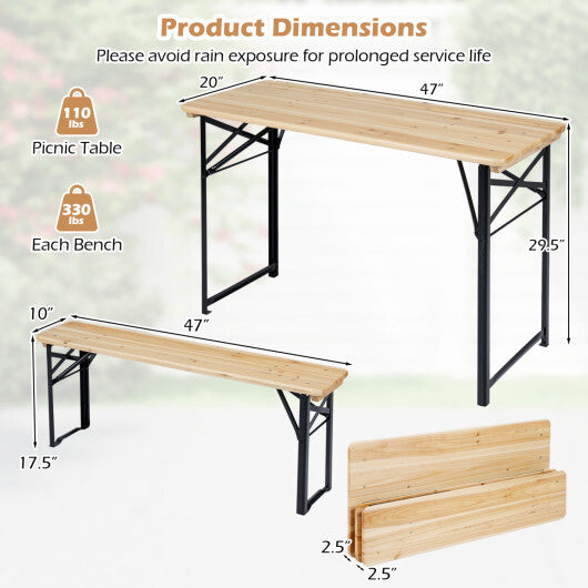3-Piece Folding Picnic Table with Benches Fir Wood Portable Bear Camping SET-Natural W2B