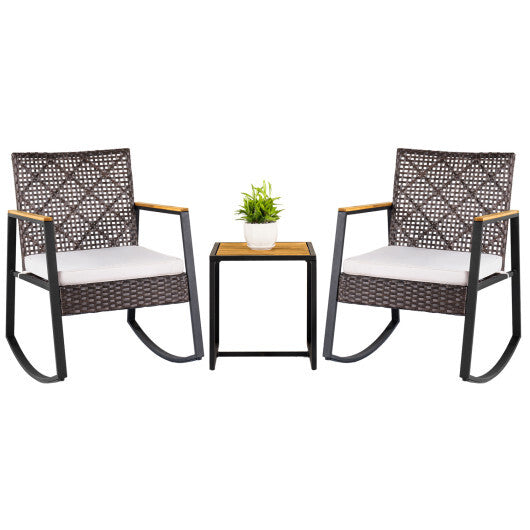 3-Piece Wicker Rocking Chair Set with Coffee Table and Cushions for Porch-Beige W2B
