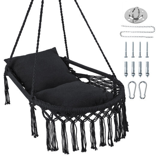 Macrame Swing Chair Hammock Chair with 2 Removable Cushions-Navy W2B