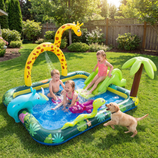 Inflatable Play Center Jungle Animal Spray Pool with Slide Giraffe-shaped Sprinkle W2B