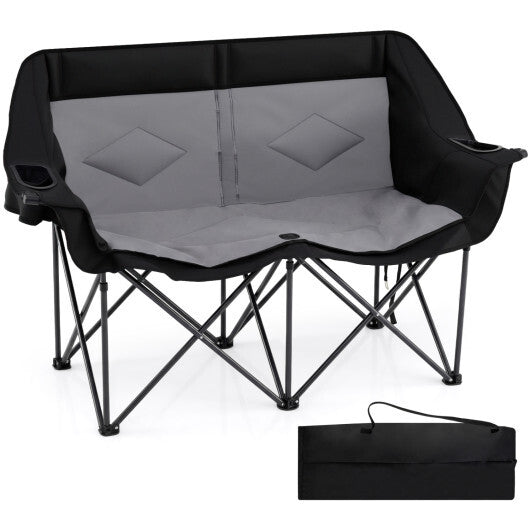 Double Camping Chair with Cup Holders Glass Racks and Mesh Pockets-Black W2B