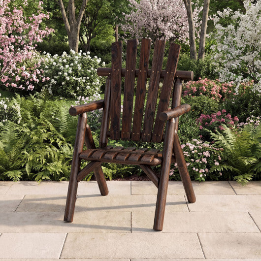 Log Wood Patio Chair with Slatted Backrest for Deck Backyard-Brown W2B
