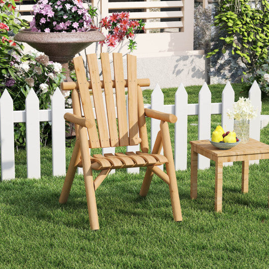Log Wood Patio Chair with Slatted Backrest for Deck Backyard-Brown W2B