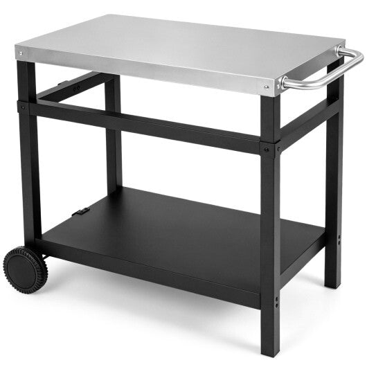 34" x 20" Double-Shelf Grill Table with Steel Top-Black W2B