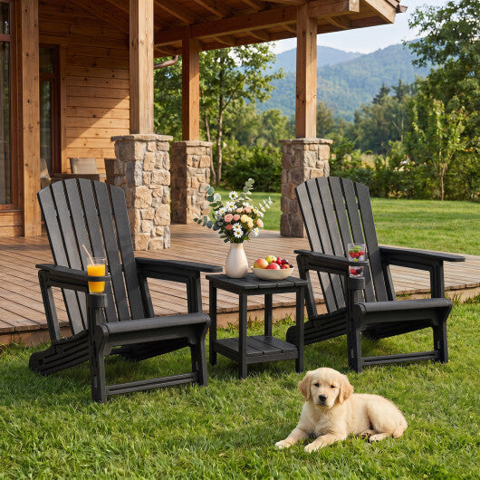 Set of 2 HDPE Adirondack Chair with Cup Holder and Wood-Like Texture for Garden-Black W2B