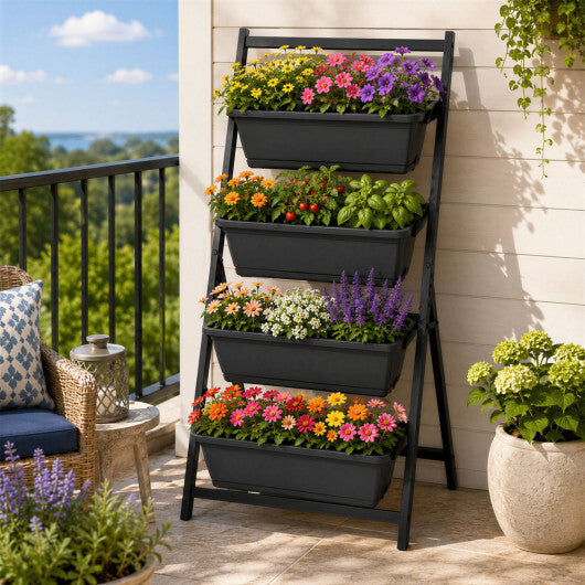 4-Tier Vertical Raised Garden Bed with 4 Containers and Drainage Holes-Black W2B