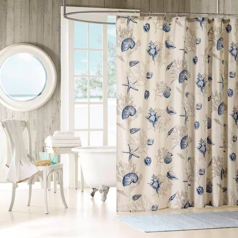 72-in Khaki Beige Cotton Shower Curtain Navy Blue Seashells Coral Coastal Beach FastFurnishings