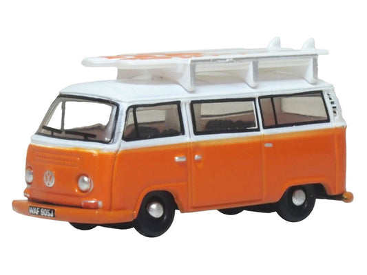 Volkswagen T2 Bay Window Bus Signal Orange with White Top and Surfboards on Roof Rack 1/148 (N) Scale Diecast Model Car by Oxford Diecast Oxford Diecast