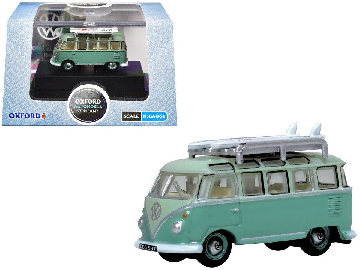 Volkswagen T1 Samba Bus RHD (Right Hand Drive) Green Two-Tone with Surfboards on Roof Rack 1/148 (N) Scale Diecast Model Car by Oxford Diecast Oxford Diecast
