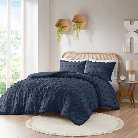 King/Cal King 3 Piece Navy Pompom Microfiber Hypoallergenic Comforter Set-1