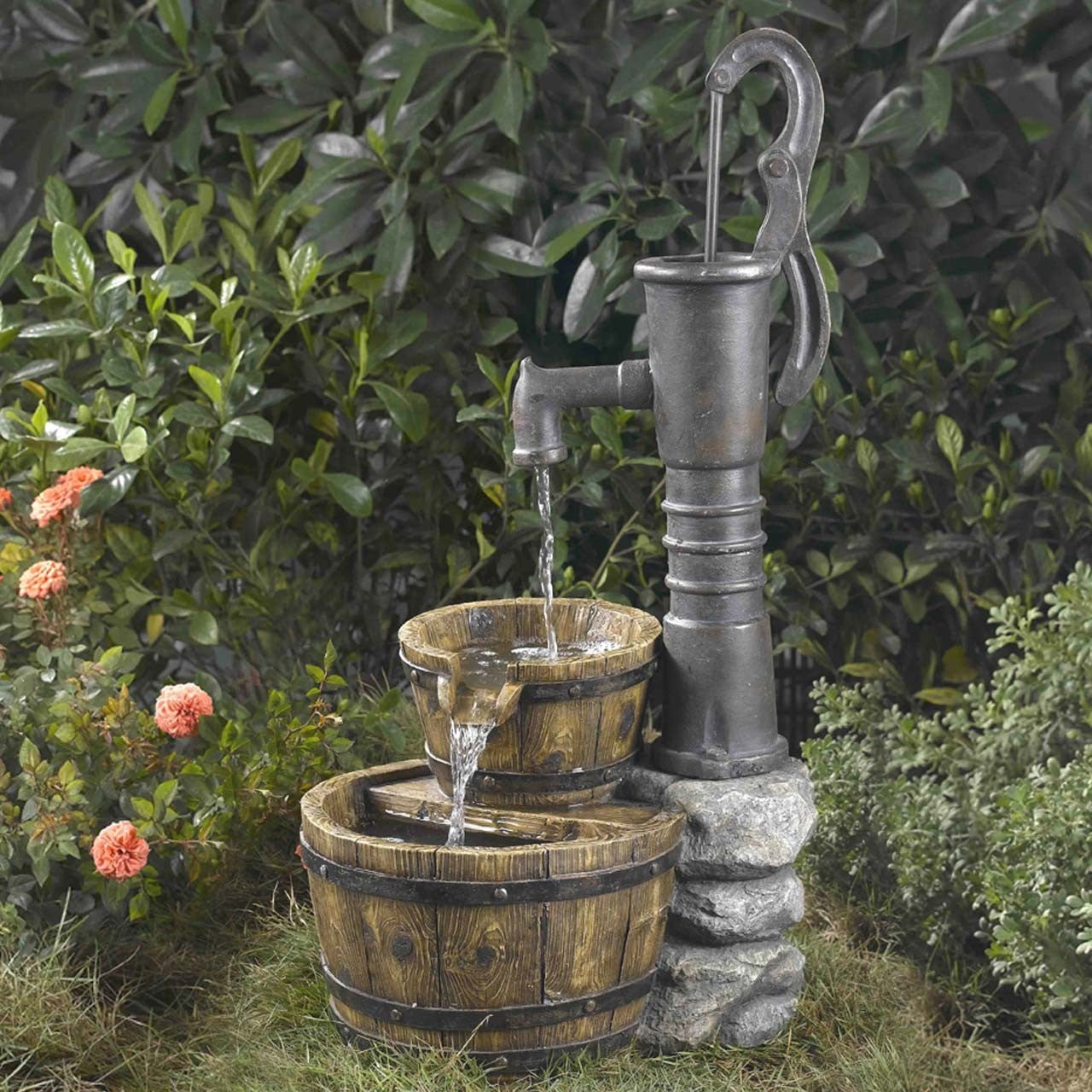 Outdoor Water Pump Half Whiskey Barrel Style Water Fountain FastFurnishings