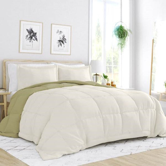 Full/Queen 3-Piece Microfiber Reversible Comforter Set in Sage Green/Cream FastFurnishings