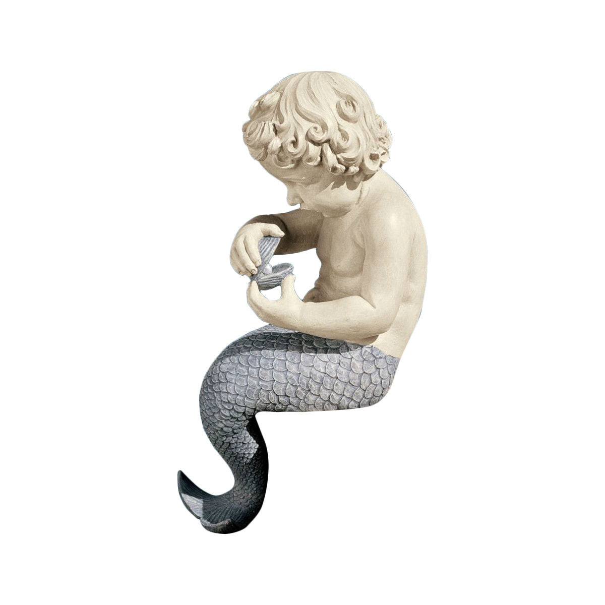 Young Little Sitting Mermaid Garden Statue with Oyster and Pearl FastFurnishings