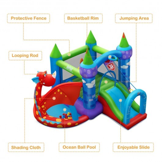 Kids Inflatable Bounce House Dragon Jumping Slide Bouncer Castle with 740W Blower