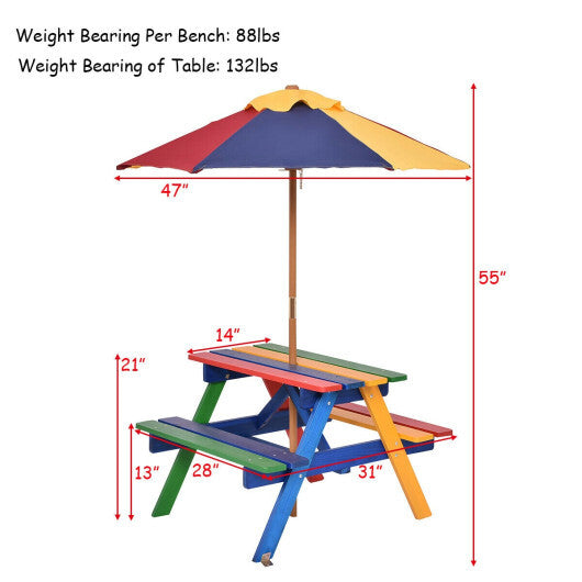 Outdoor 4-Seat Kid's Picnic Table Bench with Umbrella W2B