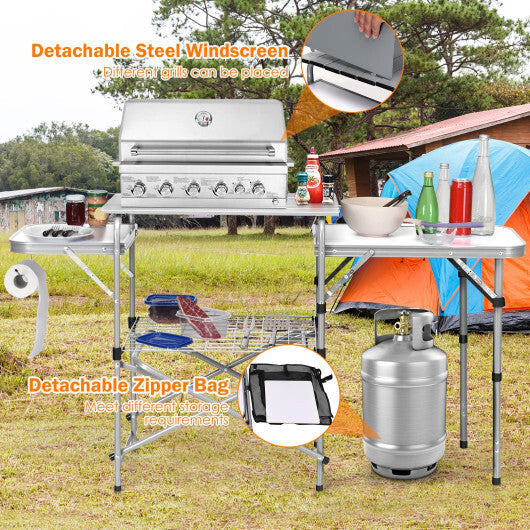 Foldable Outdoor BBQ Portable Grilling Table With Windscreen Bag - Color: Brown W2B