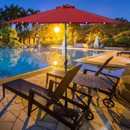 9FT Patio Solar Umbrella LED Patio Market Steel Tilt W/ Crank Outdoor New-Tan W2B