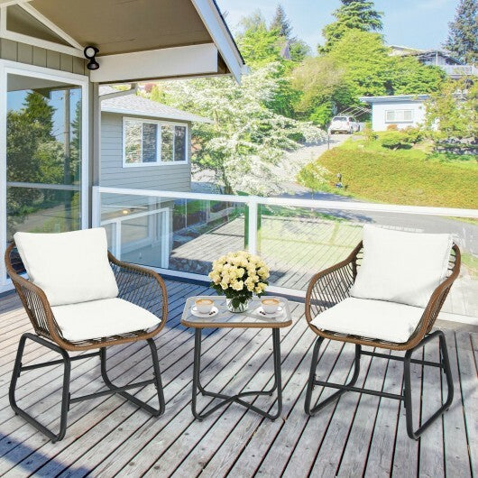 3 Pieces Patio Rattan Bistro Set Cushioned Chair Glass Table Deck-White W2B