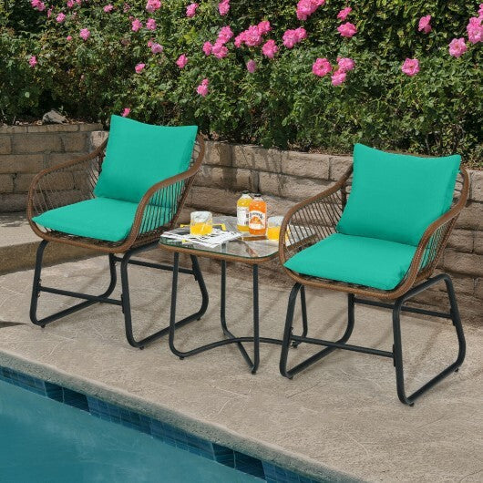 3 Pieces Patio Rattan Bistro Set Cushioned Chair Glass Table Deck-White W2B