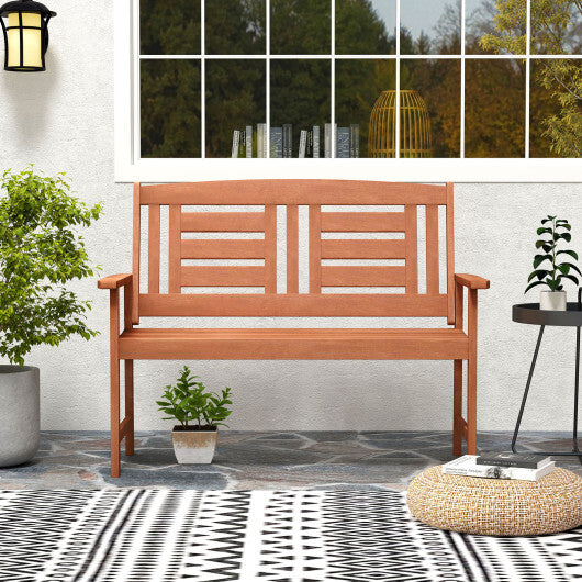 Outdoor Solid Wood Loveseat Hardwood 2-Seat Bench with Inclined Backrest and Slatted Seat W2B