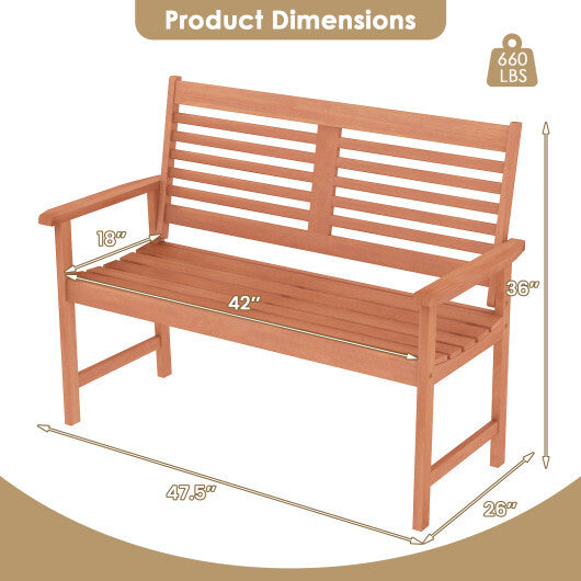 Patio Solid Wood Loveseat Outdoor 2-Seat Bench with Inclined Backrest and Slatted Seat W2B