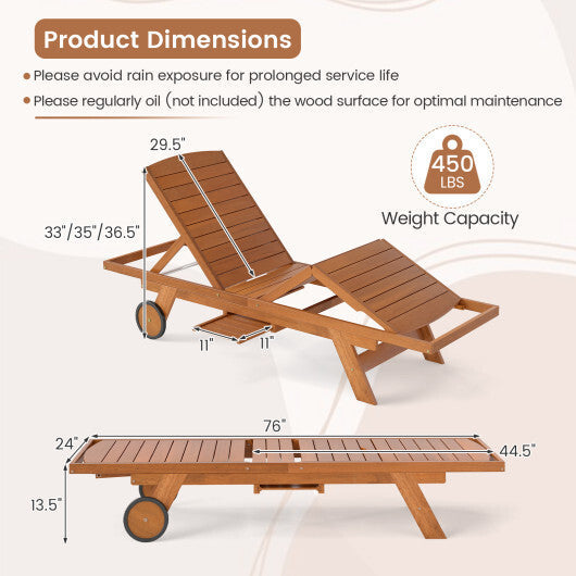 Outdoor Chaise Lounge Chair with Wheels 4-Position Patio Wood Recliner with Adjustable Backrest W2B