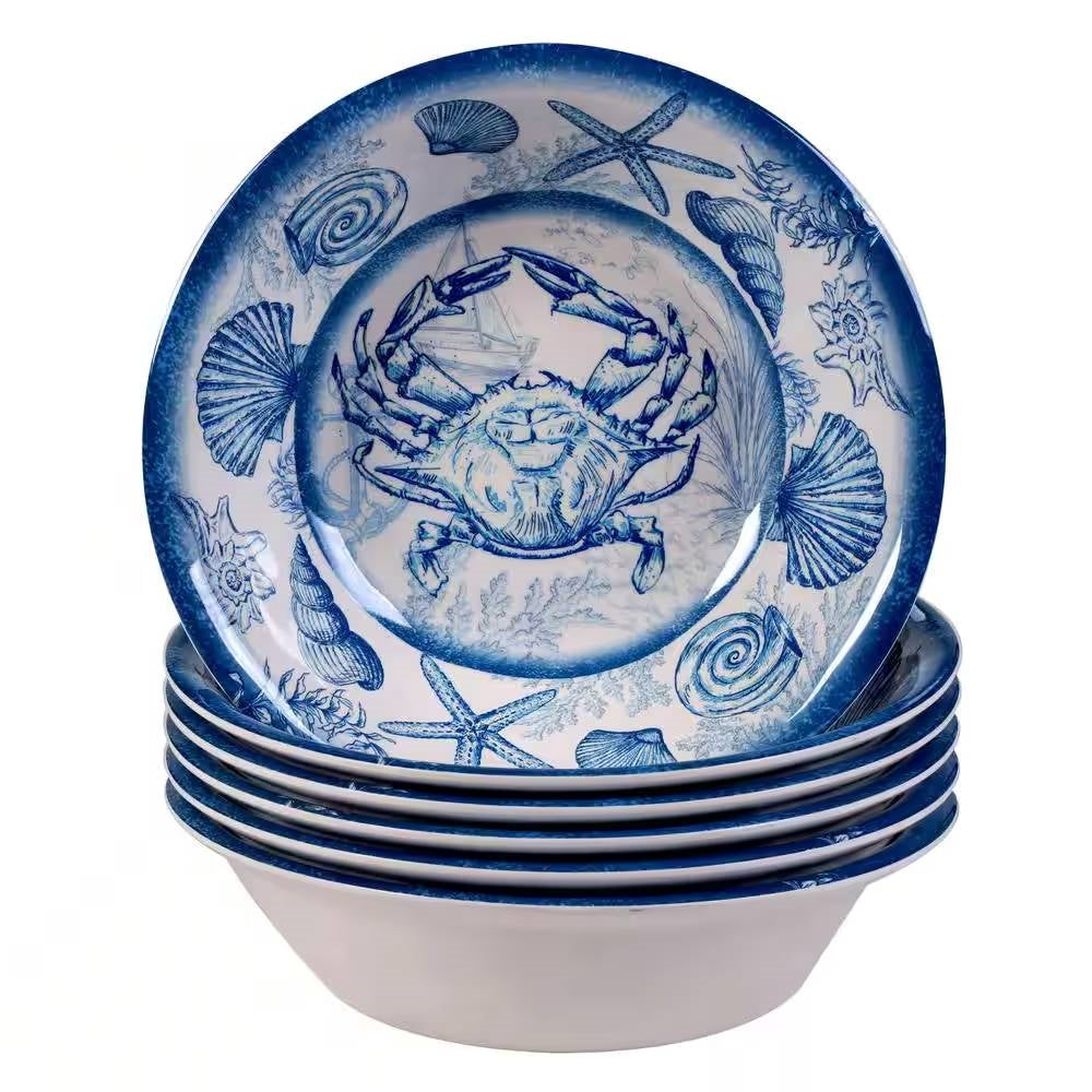 6-Piece Dinner Bowl Set with Blue White Ocean Sea Shells Crab Starfish Pattern FastFurnishings