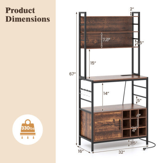 Coffee Bar Cabinet with Built-in Power Outlet and S-Shaped Hooks W2B