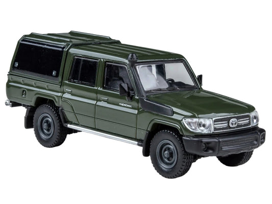 2014 Toyota Land Cruiser LC 79 with Camper Shell Military Green 1/64 Diecast Model Car by Paragon Models-1