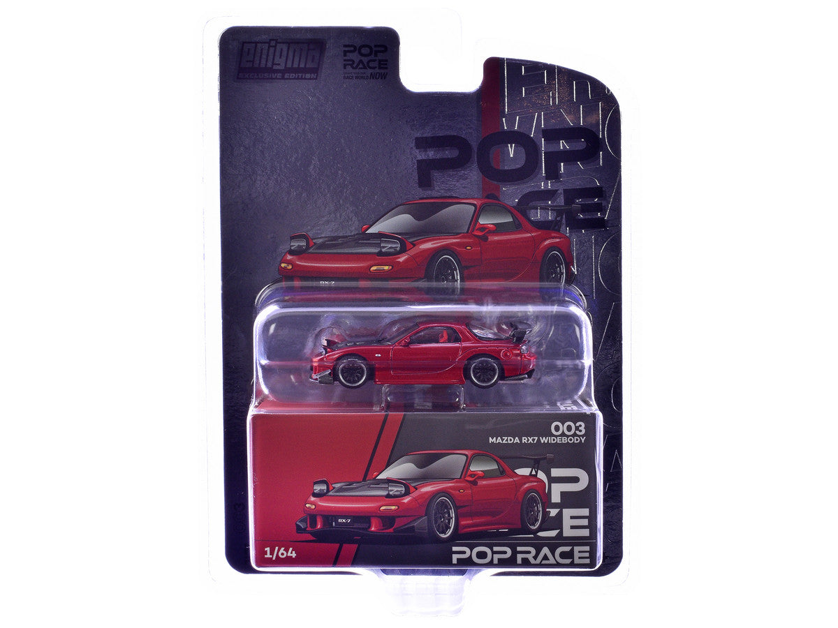 Mazda RX-7 Widebody RHD (Right Hand Drive) Red Metallic with Carbon Hood "Enigma Exclusive Edition" 1/64 Diecast Model Car by Pop Race Pop Race
