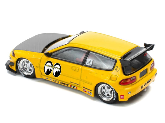 Pandem Civic EG6 RHD (Right Hand Drive) "Mooneyes" Yellow with Carbon Hood "Enigma Exclusive Edition" 1/64 Diecast Model Car by Pop Race Pop Race