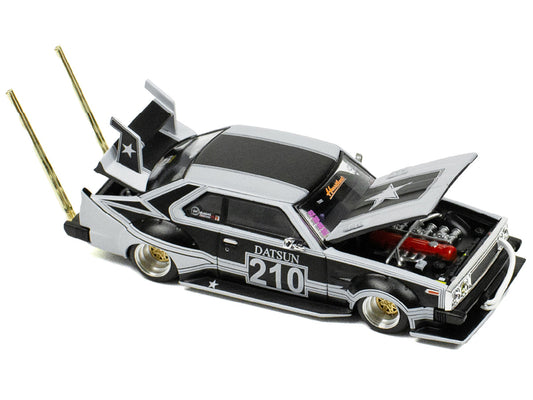 Skyline C210 "Bosozoku Style" RHD (Right Hand Drive) #210 Matt Black and Silver 1/64 Diecast Model Car by Pop Race-1