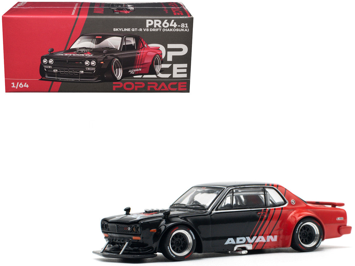 Skyline GT-R V8 Drift "Hakosuka" RHD (Right Hand Drive) "Advan" Black and Red 1/64 Diecast Model Car by Pop Race-4