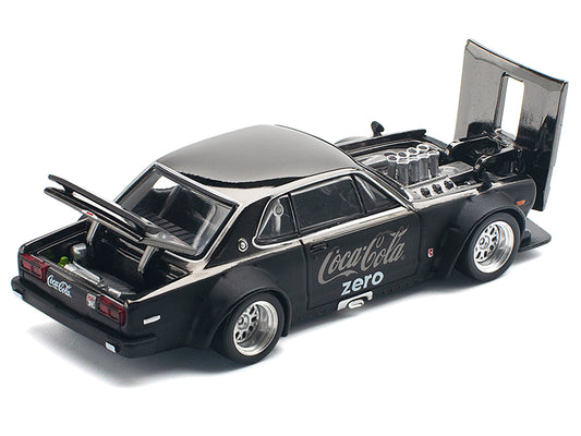 Skyline GT-R V8 Drift "Hakosuka" RHD (Right Hand Drive) "Coca-Cola Zero" Dark Chrome and Black 1/64 Diecast Model Car by Pop Race