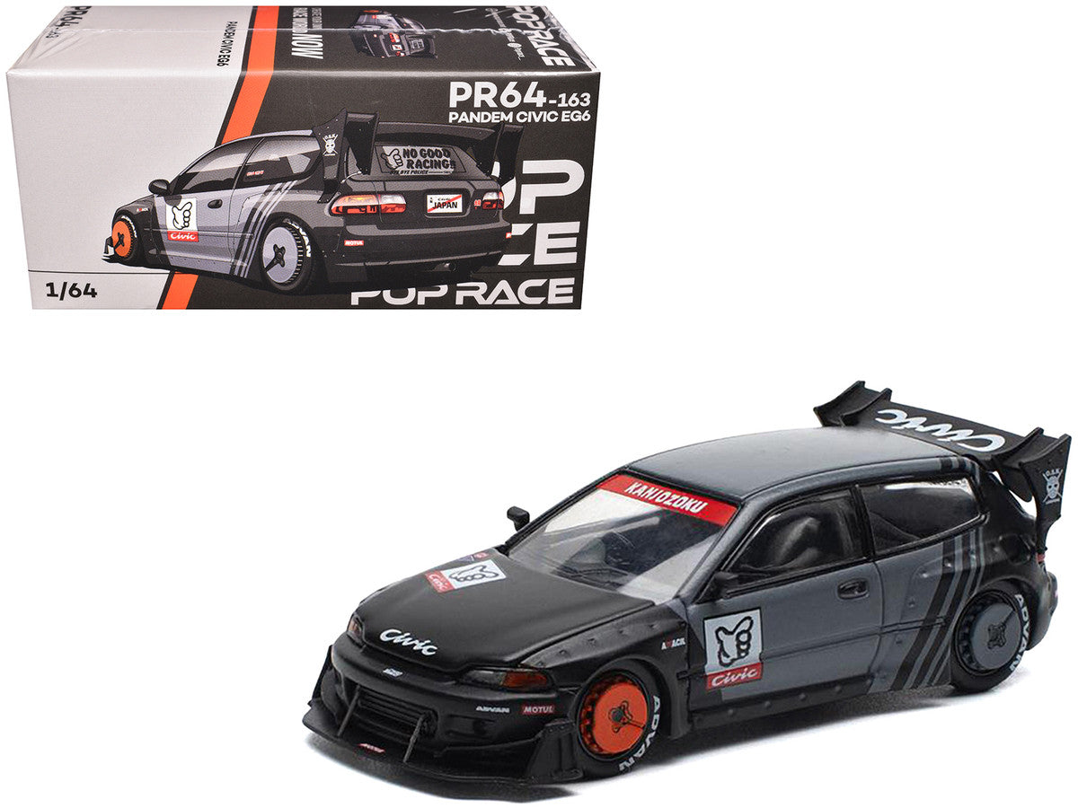 Pandem Civic EG6 RHD (Right Hand Drive) "Kanjozoku" Matt Black and Gray with Graphics 1/64 Diecast Model Car by Pop Race Pop Race