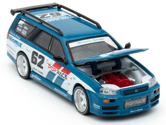 Nissan Stagea RHD (Right Hand Drive) #62 "Simon's Garage" Blue with White Sides 1/64 Diecast Model Car by Pop Race Pop Race