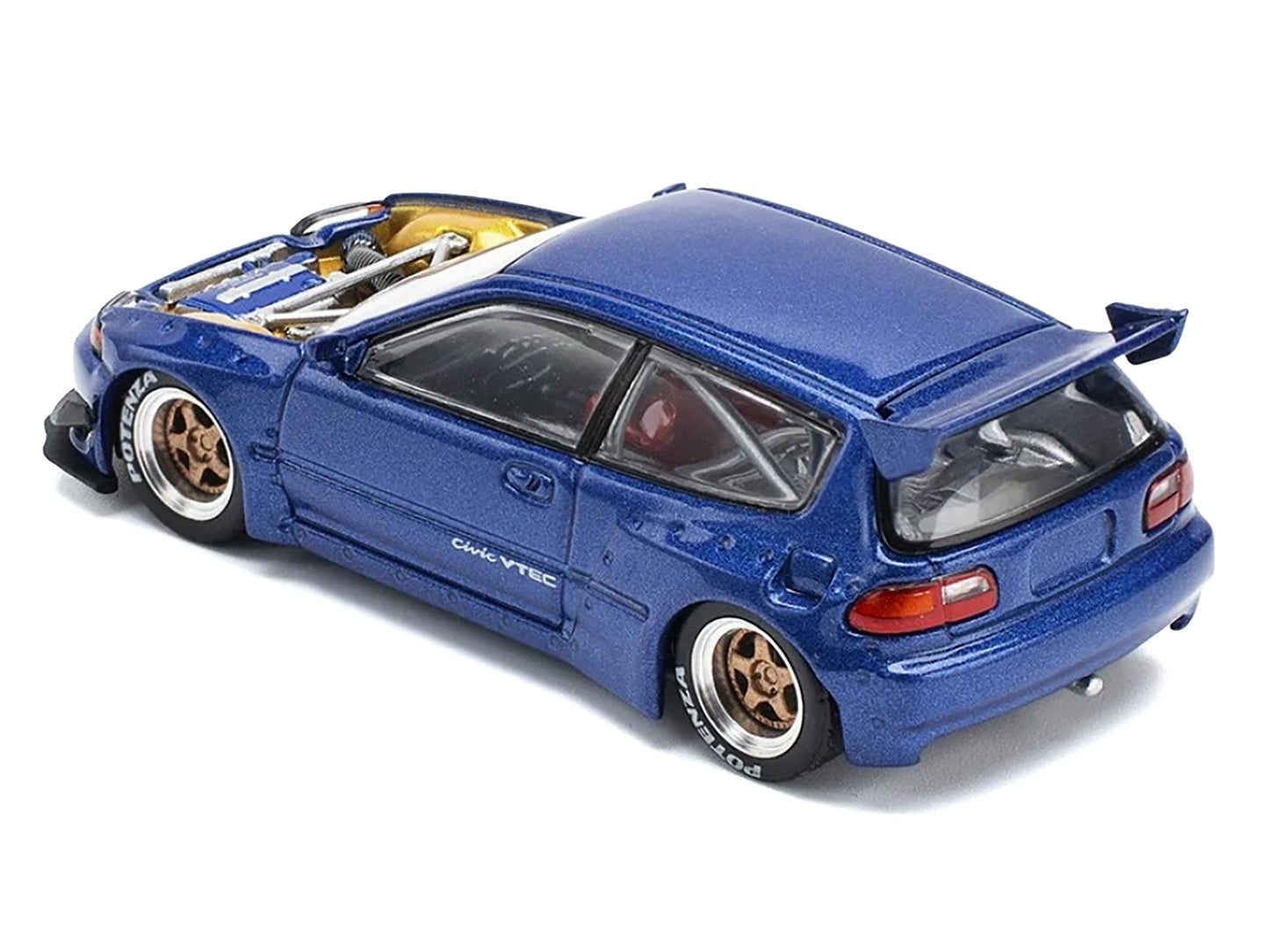 Pandem Civic EG6 VTEC RHD (Right Hand Drive) Blue Metallic with No Hood 1/64 Diecast Model Car by Pop Race