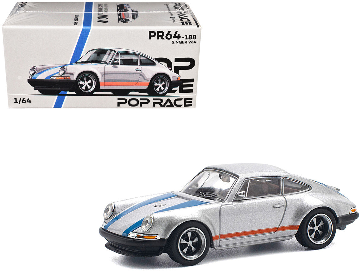 Singer 964 Silver Metallic with Blue and Red Stripes 1/64 Diecast Model Car by Pop Race Pop Race