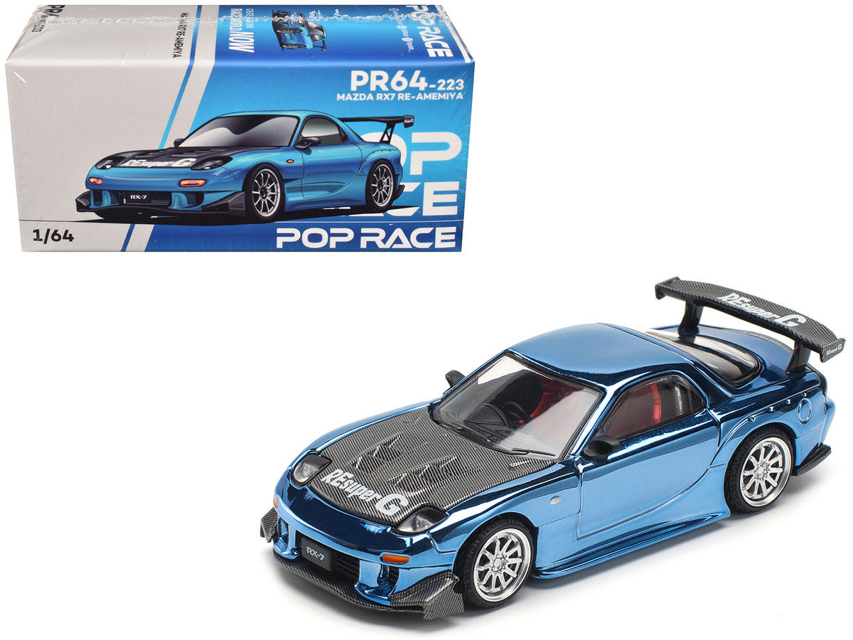 Mazda RX-7 RE-Amemiya Widebody RHD (Right Hand Drive) Blue Chrome with Carbon Hood 1/64 Diecast Model Car by Pop Race Pop Race