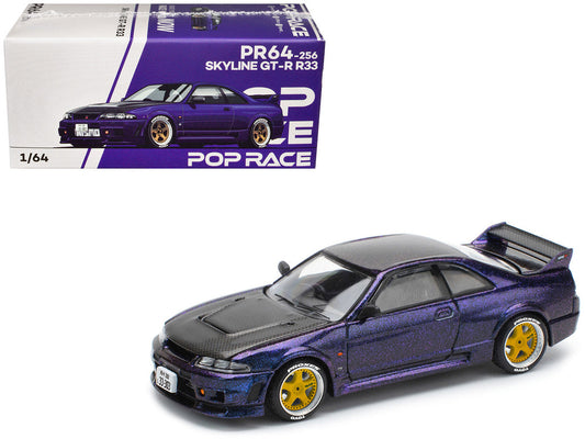 Skyline GT-R (R33) RHD (Right Hand Drive) Midnight Purple Metallic with Carbon Hood 1/64 Diecast Model Car by Pop Race Pop Race