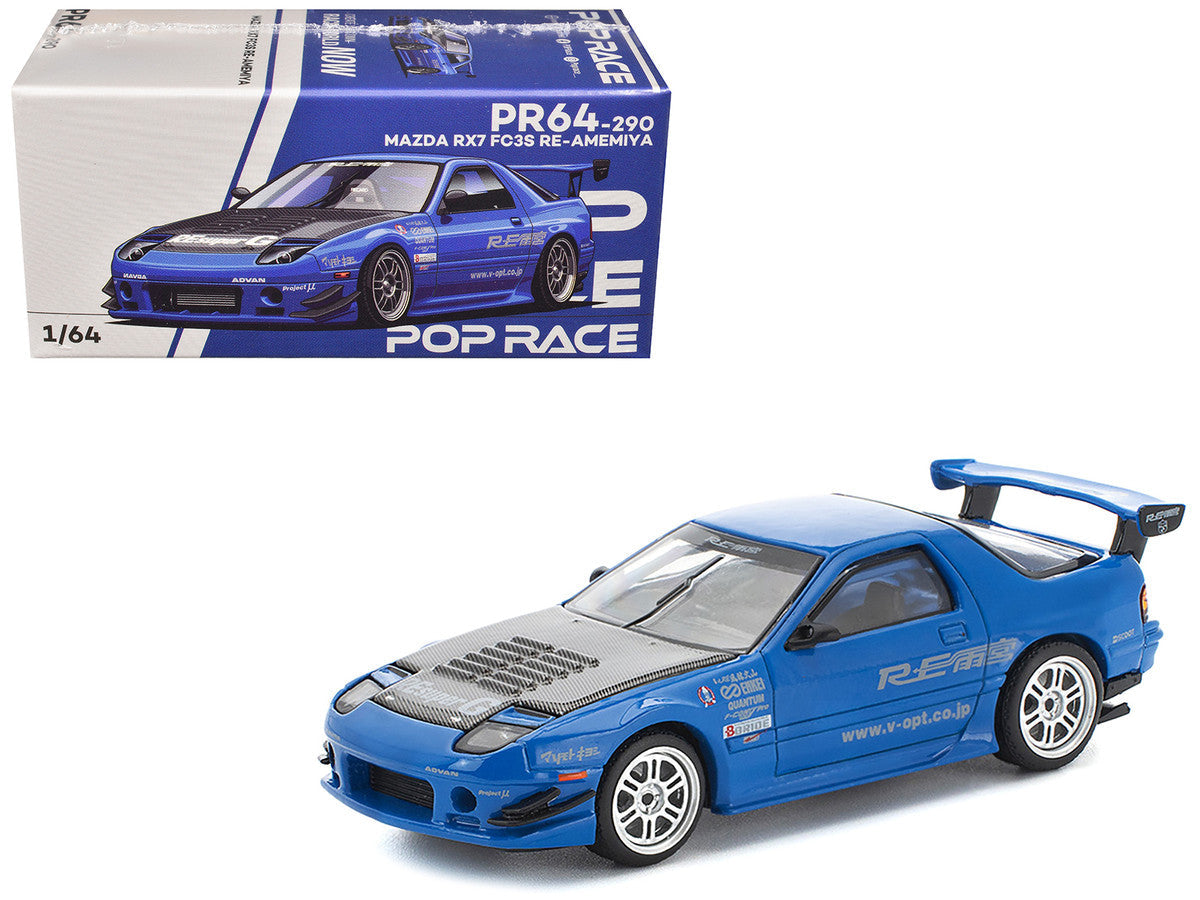 Mazda RX7 (FC3S) RE Amemiya RHD (Right Hand Drive) Blue Metallic with Carbon Hood 1/64 Diecast Model Car by Pop Race Pop Race