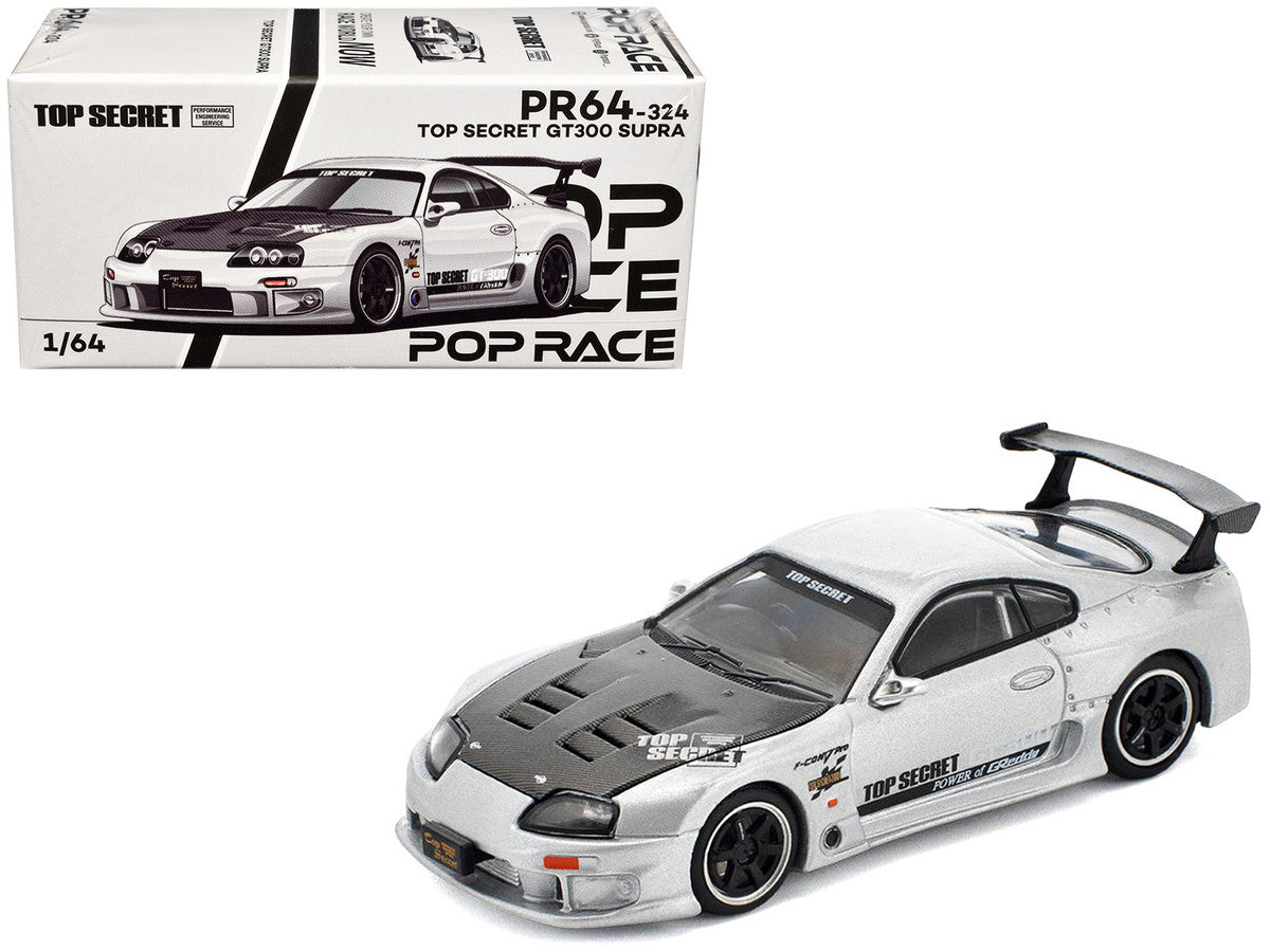 Toyota Supra "Top Secret" GT300 RHD (Right Hand Drive) Silver Metallic with Carbon Hood 1/64 Diecast Model Car by Pop Race Pop Race