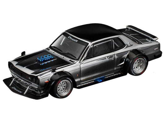 Skyline GT-R V8 Drift "Hakosuka" RHD (Right Hand Drive) Silver Chrome with Black Hood and Top 1/64 Diecast Model Car by Pop Race-1