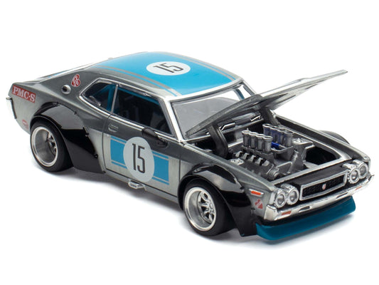Datsun Laurel C130 RHD (Right Hand Drive) #15 Raw Metal with Blue Stripes "APA XPO 2025 Exclusive" 1/64 Diecast Model Car by Pop Race